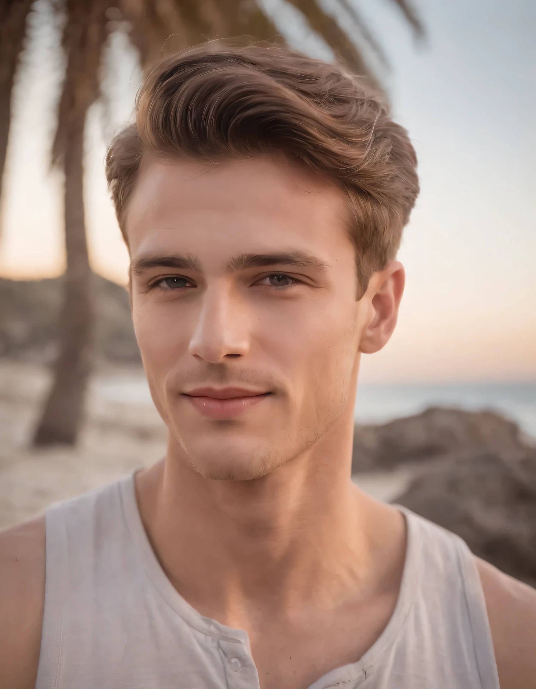 Portrait of young and beautiful men,22 Jahre, fanatisches Gesicht, smile, sympathisch, am Strand, auf scharfem Hintergrund, Studiofotografie, komplizierte Details,sehr detailliert, Emaille,mysterious lighting, upper body