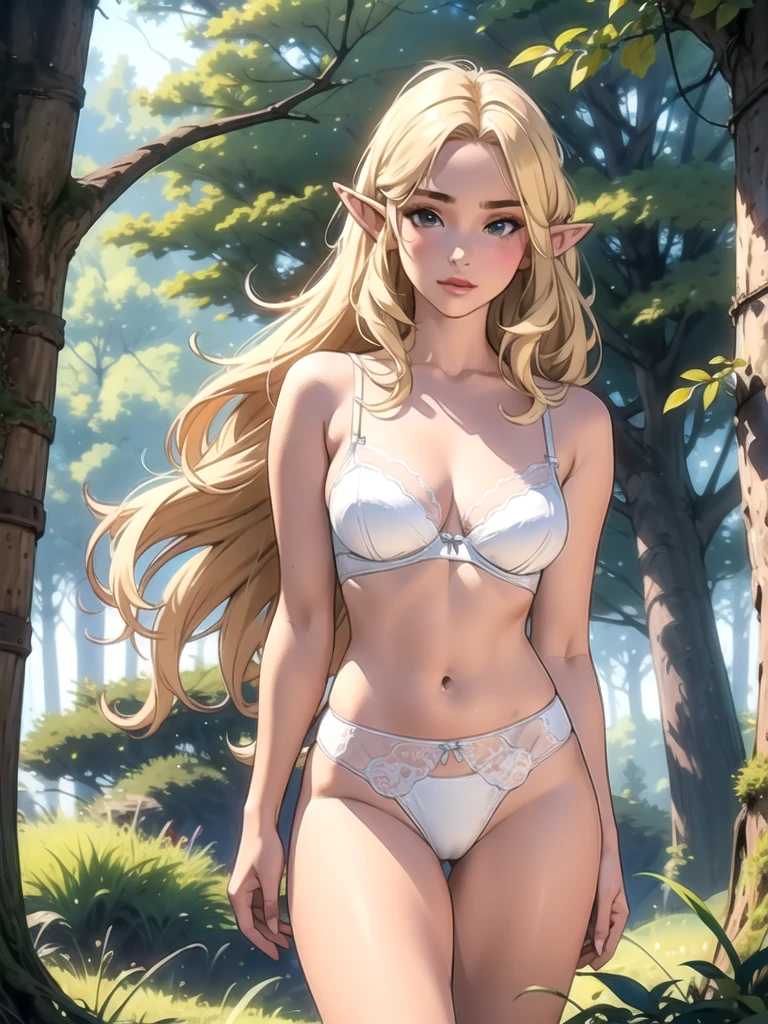 (masterpiece, best quality), 1girl, elf, mature woman, long blonde hair, silk white lingerie, village, forest, thighs