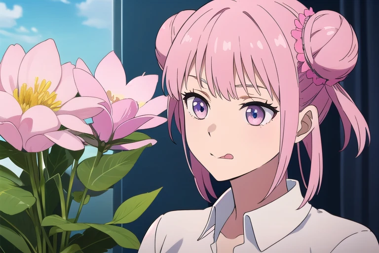 double bun, pink hair, flower on head, amber eyes, licking lips, bored