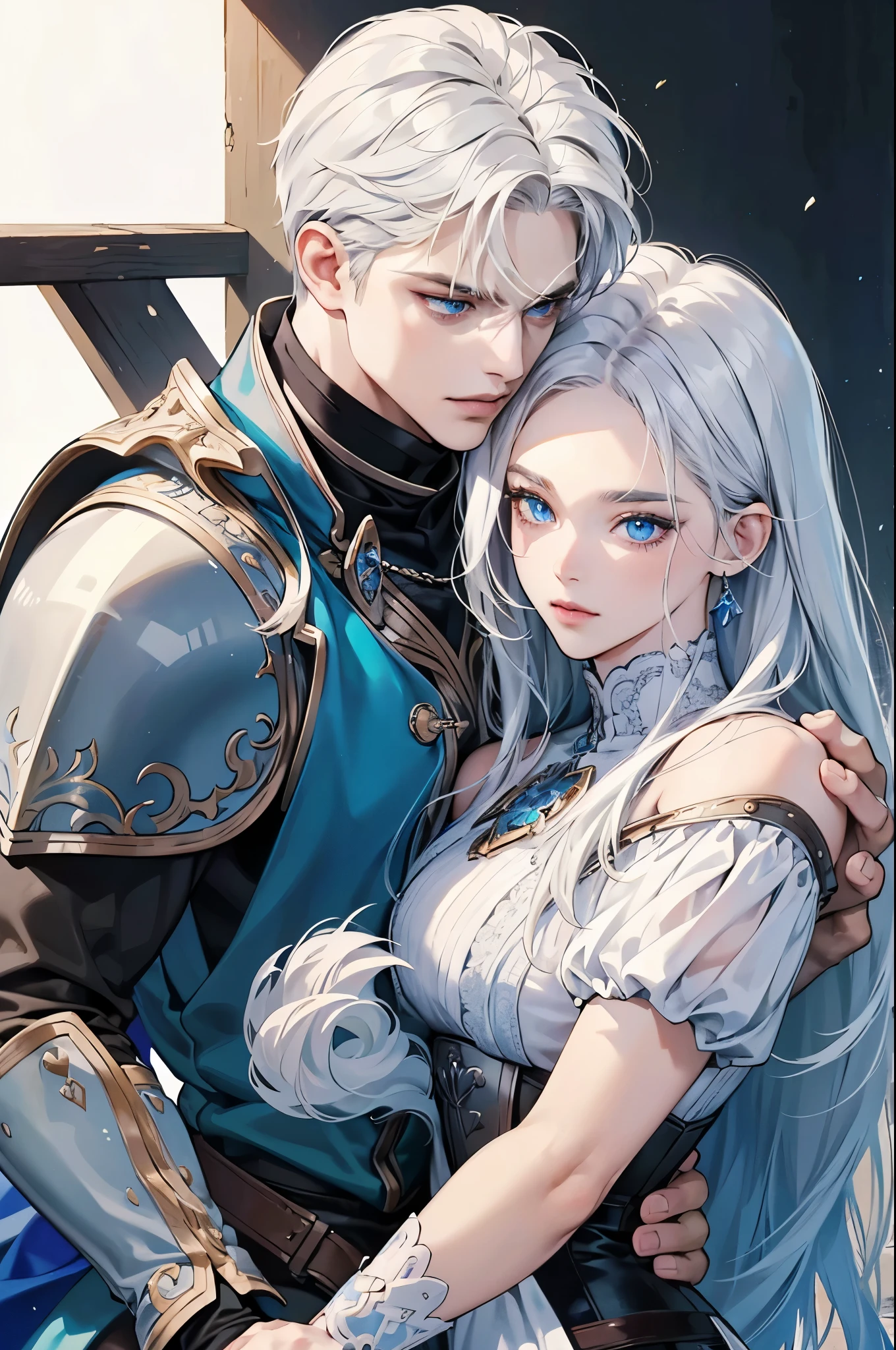 (best quality,highres,ultra-detailed),portraits,beautiful woman with long white hair and blue eyes in armor embracing a handsome man with short messy white hair, tan complexion, and blue eyes, muscular, they are beautiful and in love,hdr,vivid colors,sharp focus,studio lighting