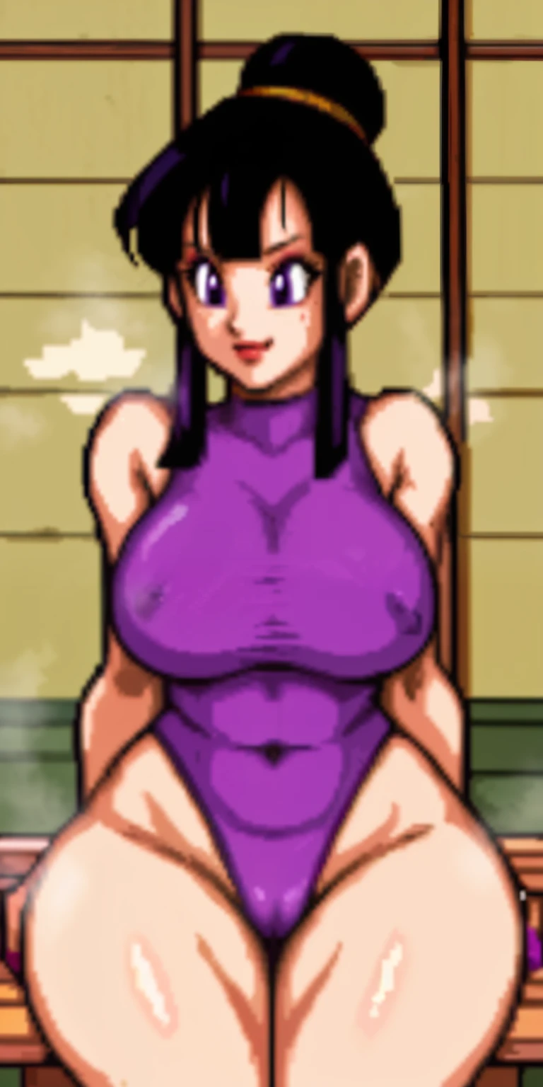 chichi_dbz, not_safe_for_work, nsfw, pixelart, pixel art, red bimbo lips, beautiful eyes, steamy sauna, sitting_inside_sauna, purple eyes, standing, solo, large_breasts, purple_bathing_suit, black_thong, nipples, 2nipples, wet body, sweaty body, naked, masterpiece, best quality, detailed face, detailed eyes, highres, big breasts, biggest_behind, areola, big_ass, thick_thighs, anus, plump_pussy, wide_hips, black tight_thong, buttcrack_showing_ass, perfect_body, perfect_clothing, perfect_anatomy,