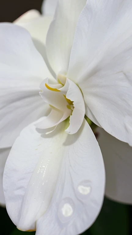8K, Best Quality, Masterpiece, Ultra High Definition, (Realism: 1.4), a white Phalaenopsis orchid, some morning dew on the flower