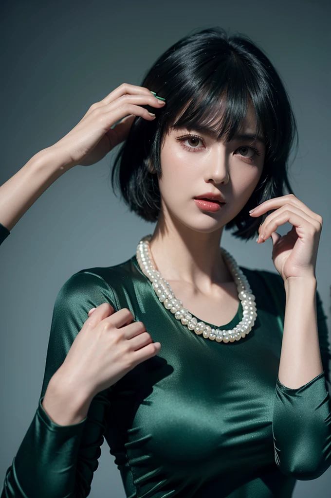 fubuki,,fubuki (One Punch Man),1 girl,big breasts、Green Long Dress,collar、long sleeve、pearl necklace、Beauty、long sleeve、collar、beautiful woman、beautiful face