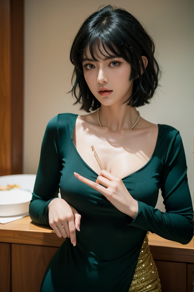 fubuki,,fubuki (One Punch Man),1 girl,big breasts、Green Long Dress,collar、long sleeve、pearl necklace、Beauty、long sleeve、collar、beautiful woman、beautiful face