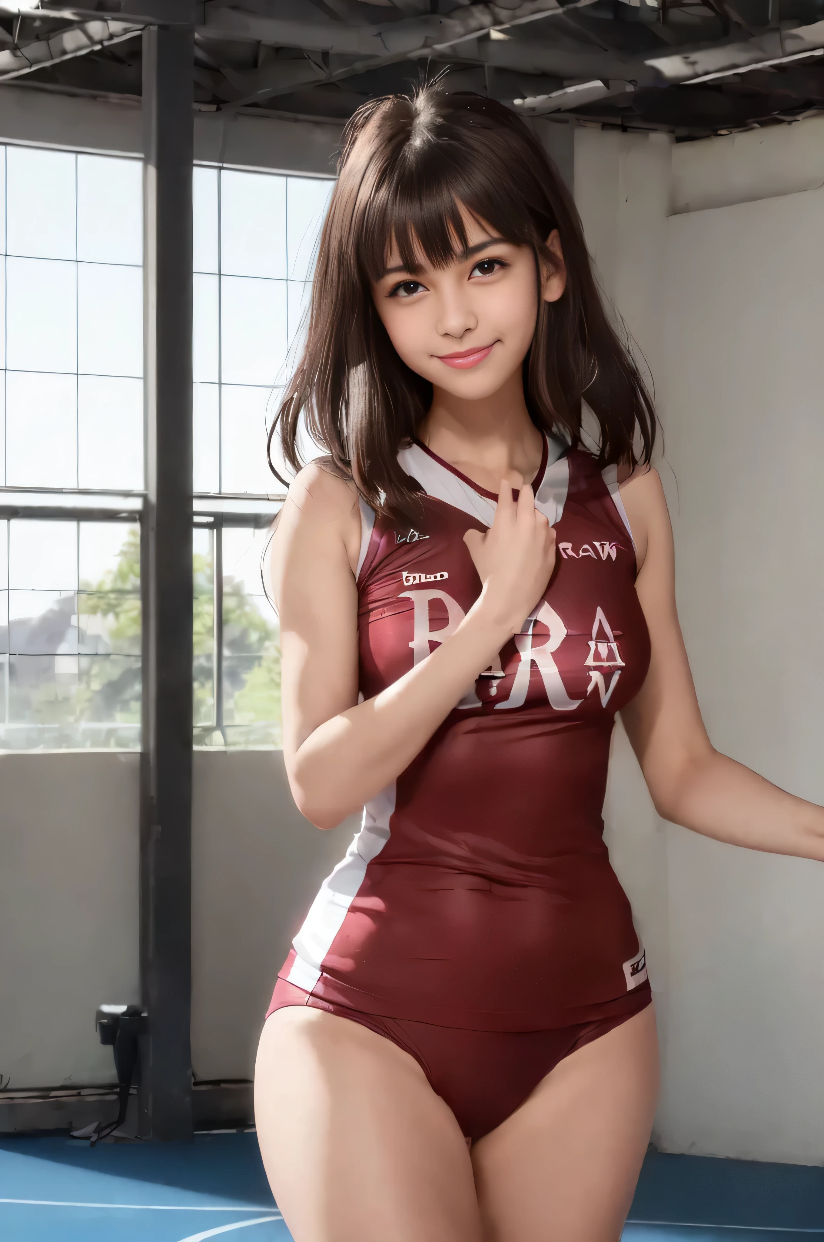 (RAW quality:1.4), Only one female, /(thin volleyball uniform/), (Pointed nipple shape:1.4), /(Dark brown hair/) bangs, Blushing Smile, Pointed Chest, (Masterpiece of the highest quality:1.2) Delicate illustrations, super detailed, Big Break /(Indoor volleyball court/)