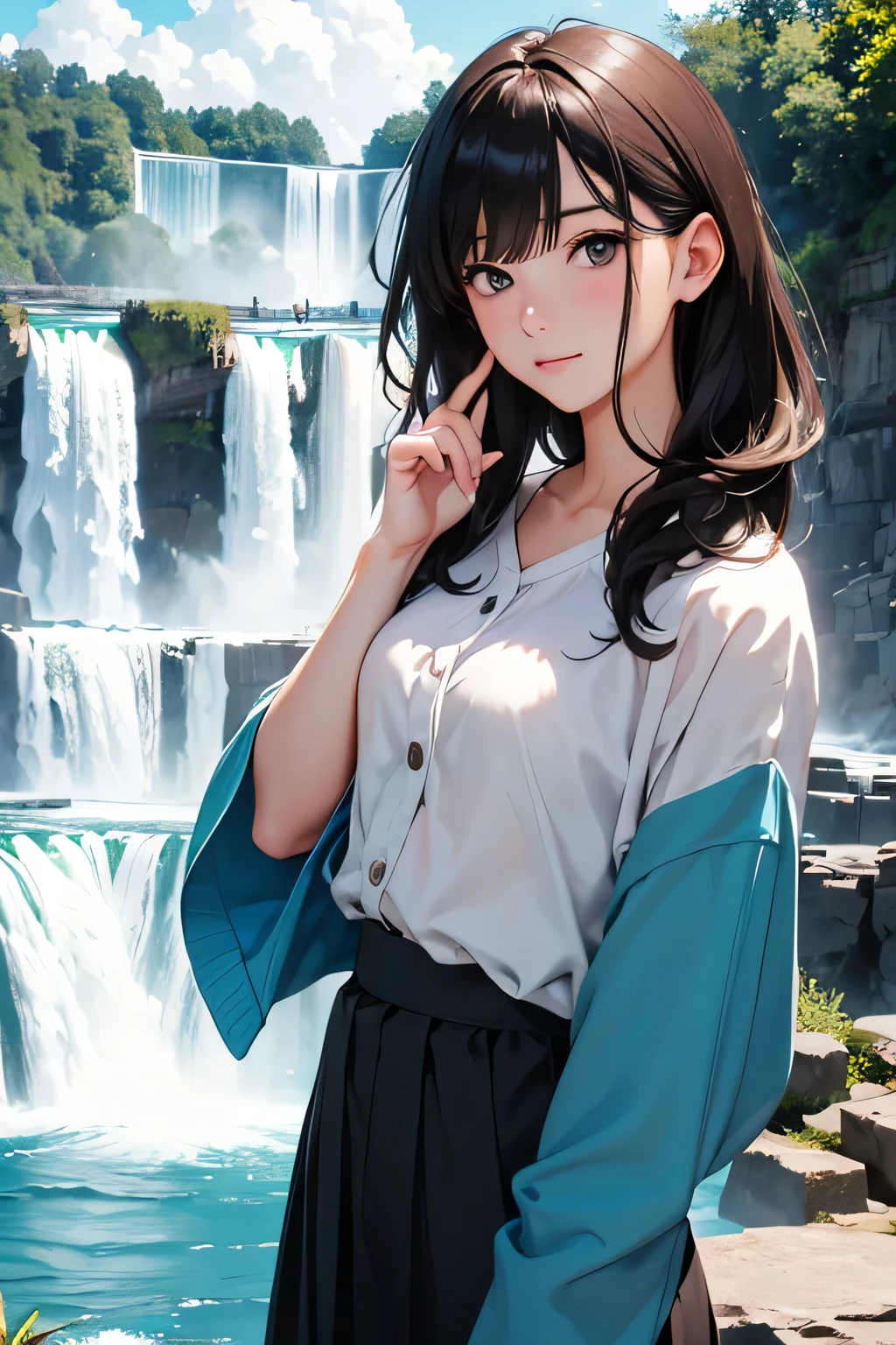 highest quality、High resolution、Detailed Background、(Beautiful face in every detail:1.4)、Anatomically correct、(Draw the usual number of fingers:1.2)、(Detailed facial expressions)、(Detailed eyes:1.2)、(Detailed eyes:1.2)、Beautiful, smooth skin、Beautiful women in their 20s、(Highly detailed face:1.4)、Cute color hair color、Black Hair、Brown Hair、Bobcut、ponytail、Wavy Hairstyle、well-groomed eyebrows、Cute Eye Makeup、Cute Lip Makeup、Perfect body line、Niagara Falls、The power of the waterfall and the beautiful rainbow created by the spray、Harmony with the surrounding natural environment、A happy look、Cowboy Shot、
(Three beautiful women enjoying sightseeing with the beautiful scenery of Niagara Falls in the background:1.5)、
From the American side「American Falls」The falls, called and, are on the Canadian side.「Horseshoe Falls」and「Bridal Veil Falls」You can see a waterfall called、In particular, Horseshoe Falls is a semicircular waterfall and its power and majesty are overwhelming.、
It is also famous for its large amount of water.、The sight of the water falling into the pool with a loud noise is overwhelming, and you can feel its power and strength.、
The waterfall's spray rises into the air and on sunny days you can see beautiful rainbows.、
Especially in the morning and evening, the angle of the light reflecting off the waterfall creates a dynamic rainbow.、
The sight of a rainbow over the waterfall is truly magical.、
Maxi skirts give an elegant and feminine impression.、
Choose a long-sleeved cardigan or pullover top、
Wear comfortable flat shoes on your feet.、
A dress is a convenient and easy item because it can be worn as a complete outfit.、
If you want to limit your exposure, choose a long-sleeved dress.