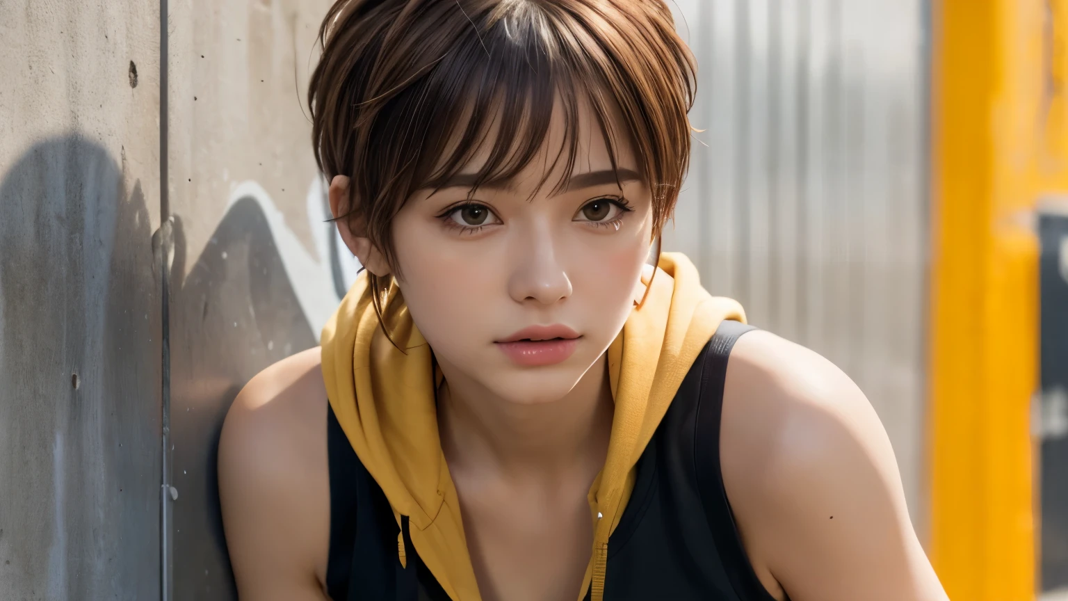 masterpiece, highest quality, Very detailed, 8k, Realistic, One Girl, alone, Tomboy, Very detailed face, (head shot:1.5), Upper Body, Standing in front of a wall covered in hip hop graffiti, Light brown pixie cut hair, He is wearing a short black tank top and an open-zipped yellow hoodie.。., Reaching into the pocket of a hoodie