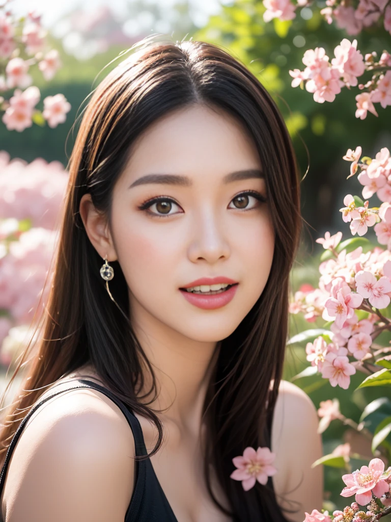 Best quality, 4K,8K,Realistic, Photorealistic, extremely detaile, An extremely delicate and beautiful, RAW photo, Japanese and Korean beauties，South Korean beauties，Wear JK, mini-skirts，Large breasts，(Beautiful detailed eyes,beautiful detailed lips,Extremely detailed eyes and face,long eyelasher), Beautiful hair, joyful expressions, Surrounded by cherry blossom trees, It has a kawaii anime style, In a picturesque garden full of sunshine. The artwork is of the best quality, With ultra-detailed features and realistic, Realistic touch. vibrant with colors，The lighting creates a warm atmosphere, Dreamy atmosphere.