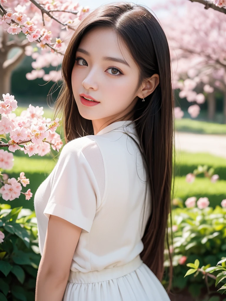 Best quality, 4K,8K,Realistic, Photorealistic, extremely detaile, An extremely delicate and beautiful, RAW photo, Japanese and Korean beauties，South Korean beauties，Wear JK, mini-skirts，Large breasts，(Beautiful detailed eyes,beautiful detailed lips,Extremely detailed eyes and face,long eyelasher), Beautiful hair, joyful expressions, Surrounded by cherry blossom trees, It has a kawaii anime style, In a picturesque garden full of sunshine. The artwork is of the best quality, With ultra-detailed features and realistic, Realistic touch. vibrant with colors，The lighting creates a warm atmosphere, Dreamy atmosphere.