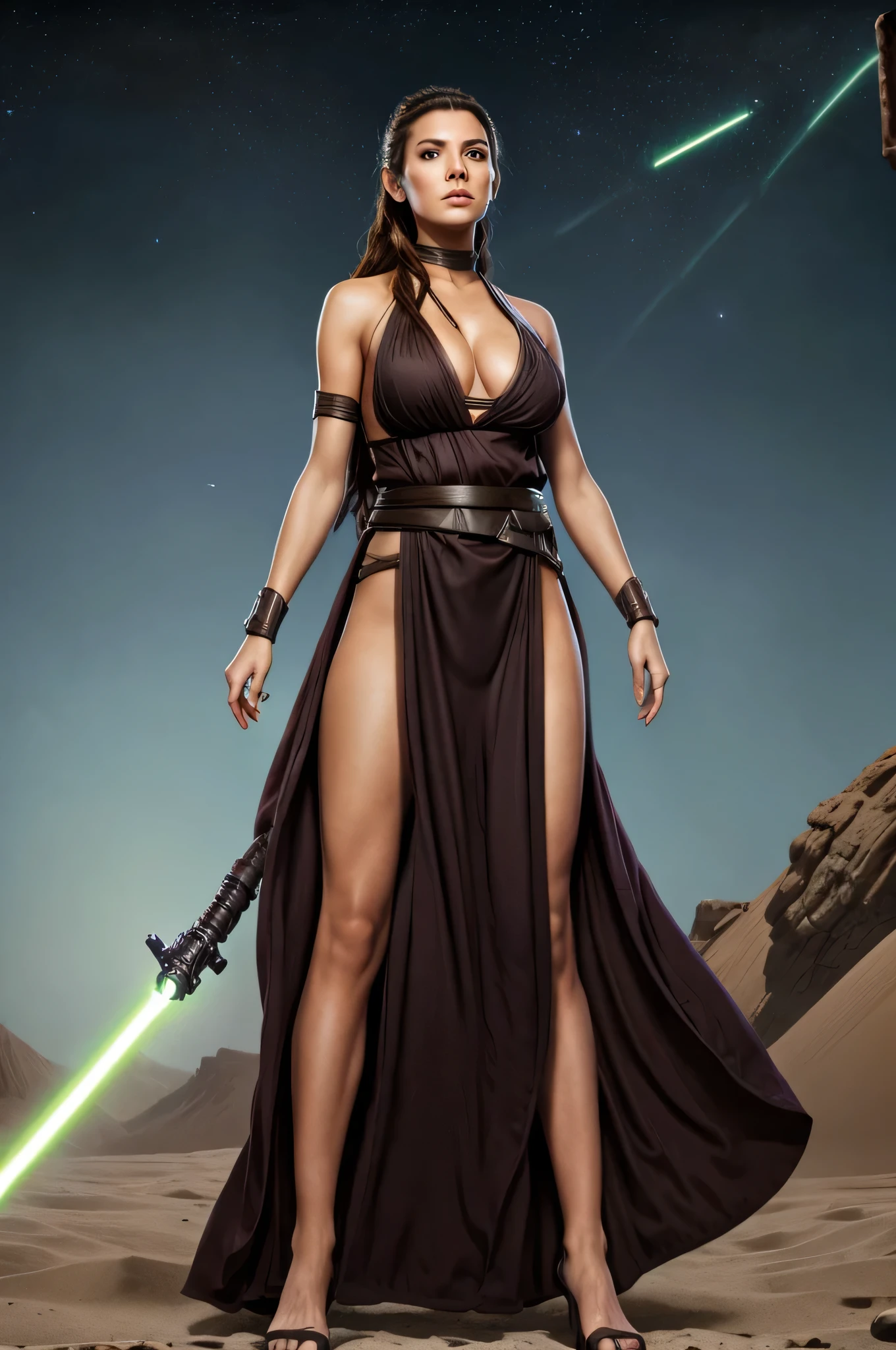 Concept art of a female human Jedi knight.,(brunette)., Star Wars, slender body, dark brown long hair blowing in the wind., Jedi robes and robes, black belt,(macbook), high-detail, Create a shock, Star Wars concept art, deep cleavage, large breasts, holding green lightsaber in hand, tatooine in the background