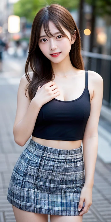 A girl wearing a thin bra top and a mini skirt, highest quality, photograph, Very detailed, In detail, High resolution, 8k wallpaper, Perfect dynamic composition, Beautiful fine details, Natural color lip, Random sexy poses,smile,Aoyama Street Walk,20-year-old girl,A girl in sexy underwear with her legs spread,Nipples,Grab the skirt and lift it up