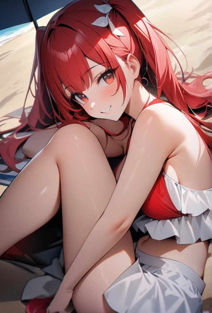 High quality, high definition, hig
h precision images,8k 1woman,Robot Girl、red hair,Twin tails,Red eyes.(robot style red and white barrette)、Of summer long beach,red slingshot
I'm lying on the beach、cute smile.side view