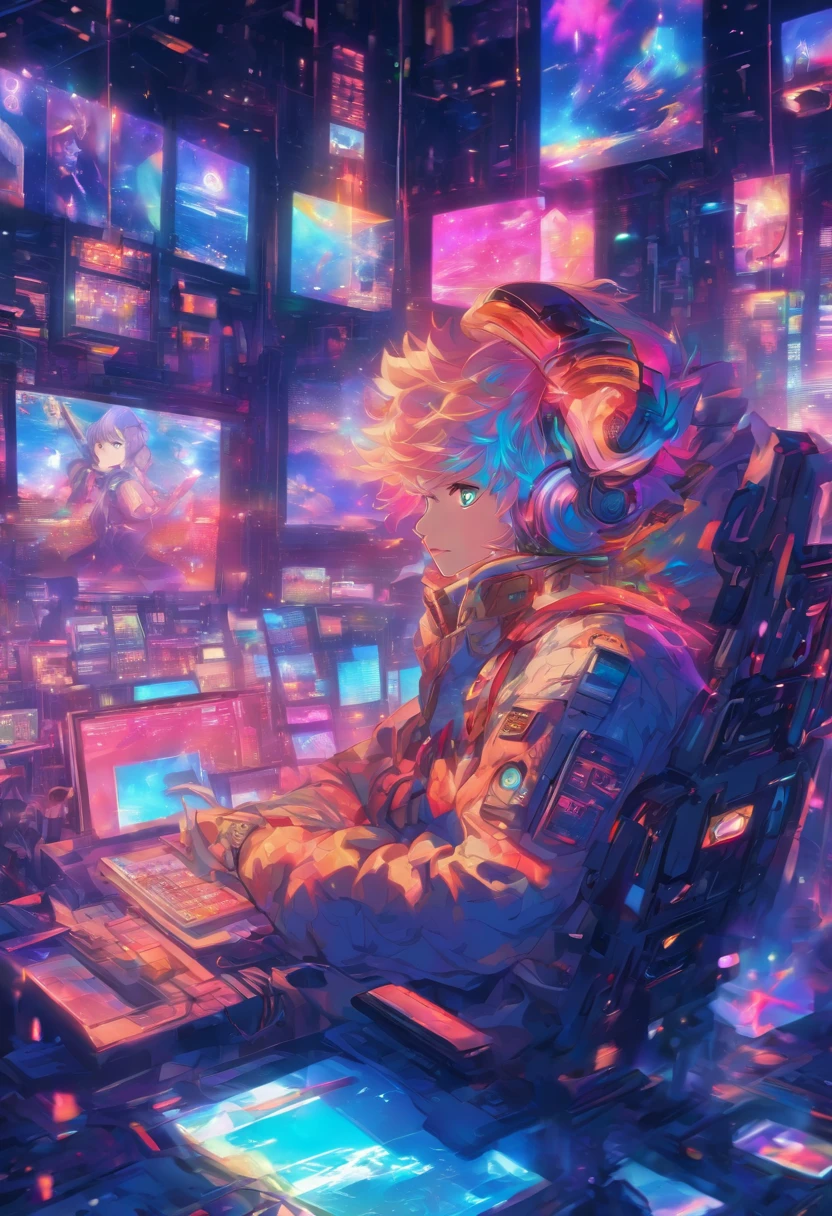 Stickers, Digital windows floating in cyberspace and、Male operator sitting on a chair floating in space, Operate floating windows. Beautiful face and bright eyes with bright colors. Wear a smart hoodie with hood and headphones... Digital window lights dimly illuminate dark electronic spaces. The picture is detailed and well illustrated. Vibrant colors. high resolution.
