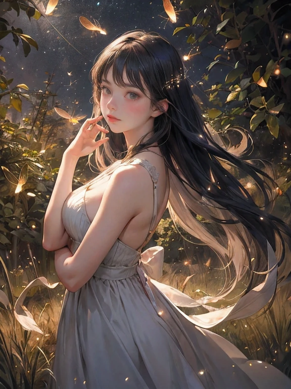 masterpiece:1.2, top quality, 8k, highres, ultra-realistic:1.37, beautiful ultra-detailed:1.2, , Beautiful woman、Standing in a beautiful pose、Night Grassland、Many fireflies fly around:1.3、Fireflies dancing wildly:1.3、Countless fireflies:1.3、Trails of many fireflies:1.3