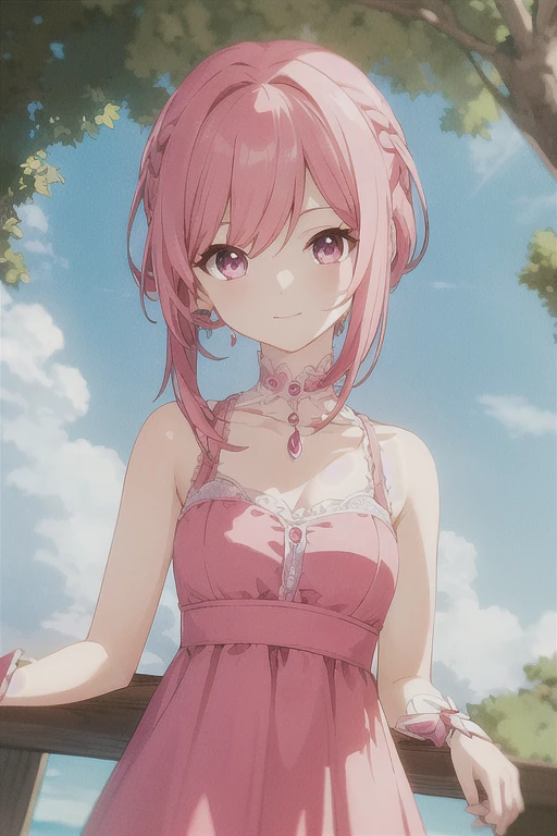 masterpiece, best quality, 1girl, solo, upper body, pink hair, pink dress which is adapted from fantasy movies. Anime style, cute, bright