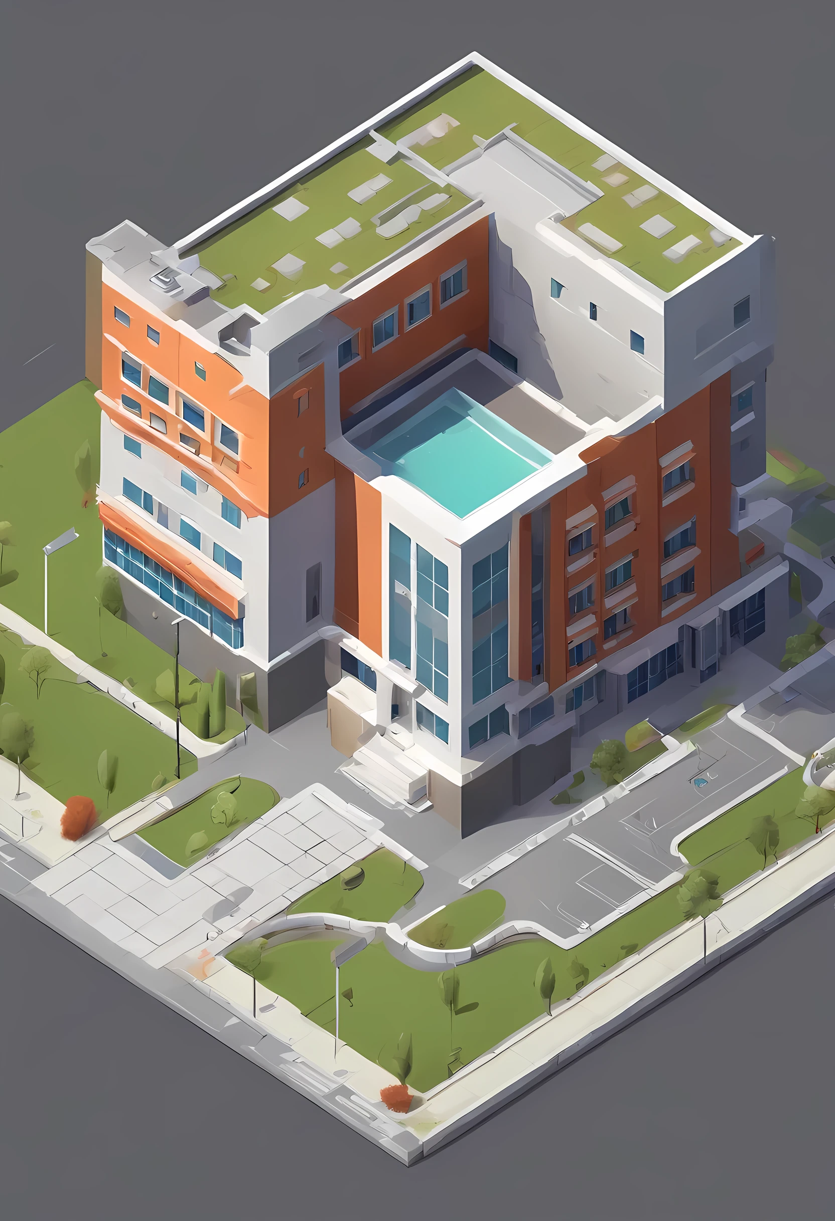 Isometric, overlooking 45 degrees, SLG game building, single building, gray background, concept art, Octane rendering, Cozy, Campus, school campus, prestige building