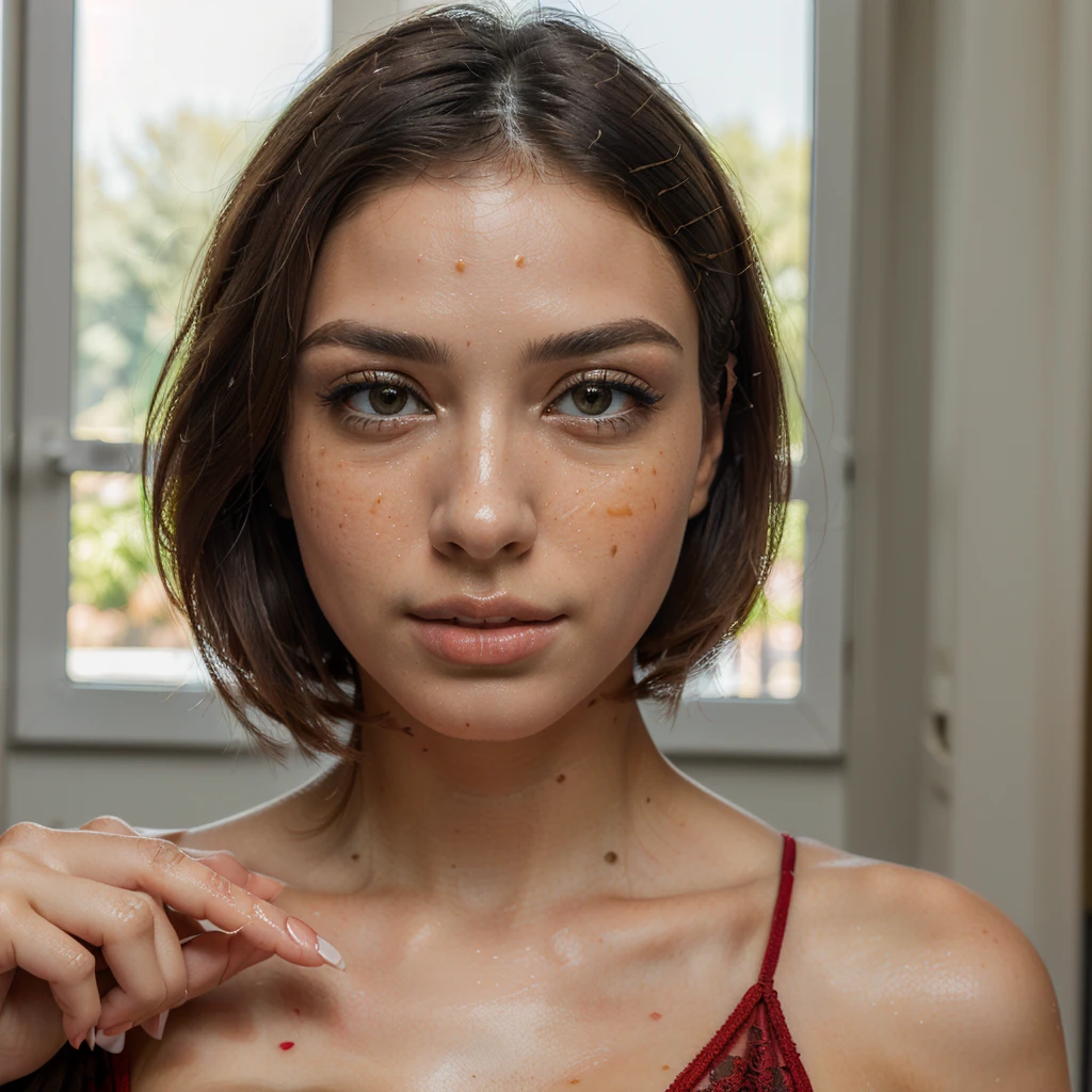 (best quality,ultra-detailed,realistic:1.37),oil painting,fine brushwork,portrait,girl with short hair,full body, with a red dress,having freckles,holding a glass of wine,perfectly toned body,beautiful facial expression,vivid colors,soft lighting,