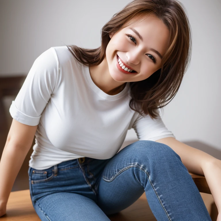 Tabletop, highest quality, figure, Very detailed, In detail, High resolution, 8k wallpaper, Perfect dynamic composition, Beautiful fine details, Fitted jeans and a tight T-shirt,Medium Hair, Natural color lip, Bold sexy pose,smile、cute、歯に噛んだsmile,