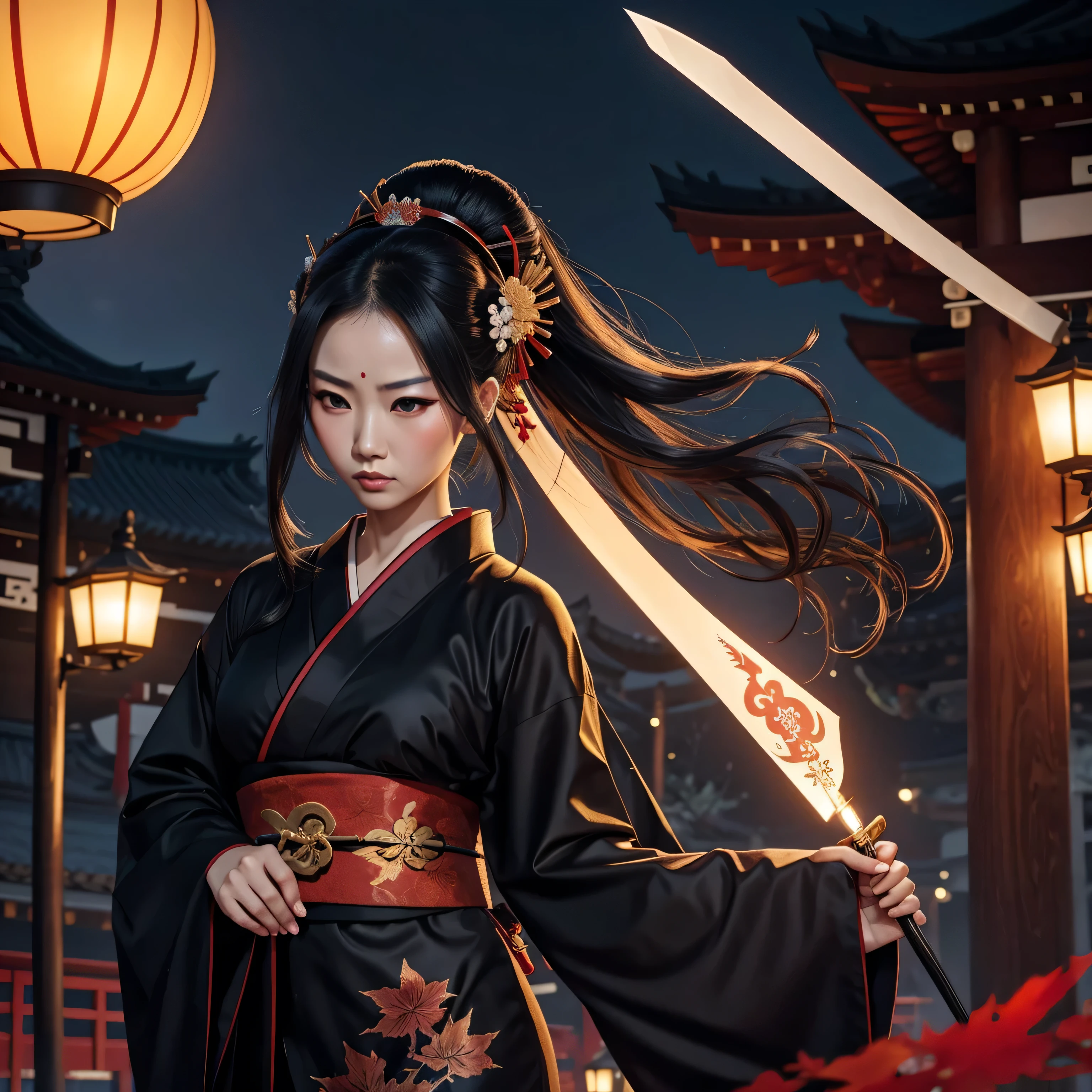 Geisha, black kimono, temple, fall season, angry, long hair, dagger, night