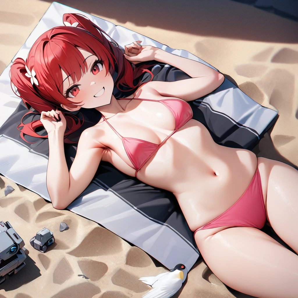 High quality, high definition, hig
h precision images,8k 1woman,Robot Girl、red hair,Twin tails,Red eyes.(robot style red and white barrette)、Of summer long beach,pink micro bikini
I'm lying on the beach、cute smile.On your back, Bird's Eye View,