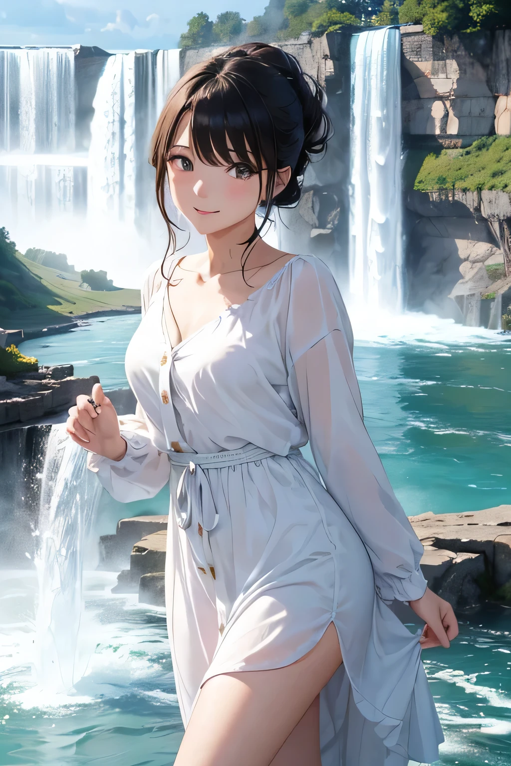 highest quality、High resolution、Detailed Background、(Beautiful face in every detail:1.4)、Anatomically correct、(Draw the usual number of fingers:1.2)、(Detailed facial expressions)、(Detailed eyes:1.2)、(Detailed eyes:1.2)、Beautiful, smooth skin、Beautiful women in their 20s、(Highly detailed face:1.4)、Cute color hair color、Black Hair、Brown Hair、Bobcut、ponytail、Wavy Hairstyle、well-groomed eyebrows、Cute Eye Makeup、Cute Lip Makeup、Perfect body line、Niagara Falls、The power of the waterfall and the beautiful rainbow created by the spray、Harmony with the surrounding natural environment、A happy look、Cowboy Shot、
(Three beautiful women enjoying sightseeing with the beautiful scenery of Niagara Falls in the background:1.5)、
From the American side「American Falls」The falls, called and, are on the Canadian side.「Horseshoe Falls」and「Bridal Veil Falls」You can see a waterfall called、In particular, Horseshoe Falls is a semicircular waterfall and its power and majesty are overwhelming.、
It is also famous for its large amount of water.、The sight of the water falling into the pool with a loud noise is overwhelming, and you can feel its power and strength.、
The waterfall's spray rises into the air and on sunny days you can see beautiful rainbows.、
Especially in the morning and evening, the angle of the light reflecting off the waterfall creates a dynamic rainbow.、
The sight of a rainbow over the waterfall is truly magical.、
Maxi skirts give an elegant and feminine impression.、
Choose a long-sleeved cardigan or pullover top、
Wear comfortable flat shoes on your feet.、
A dress is a convenient and easy item because it can be worn as a complete outfit.、
If you want to limit your exposure, choose a long-sleeved dress.
