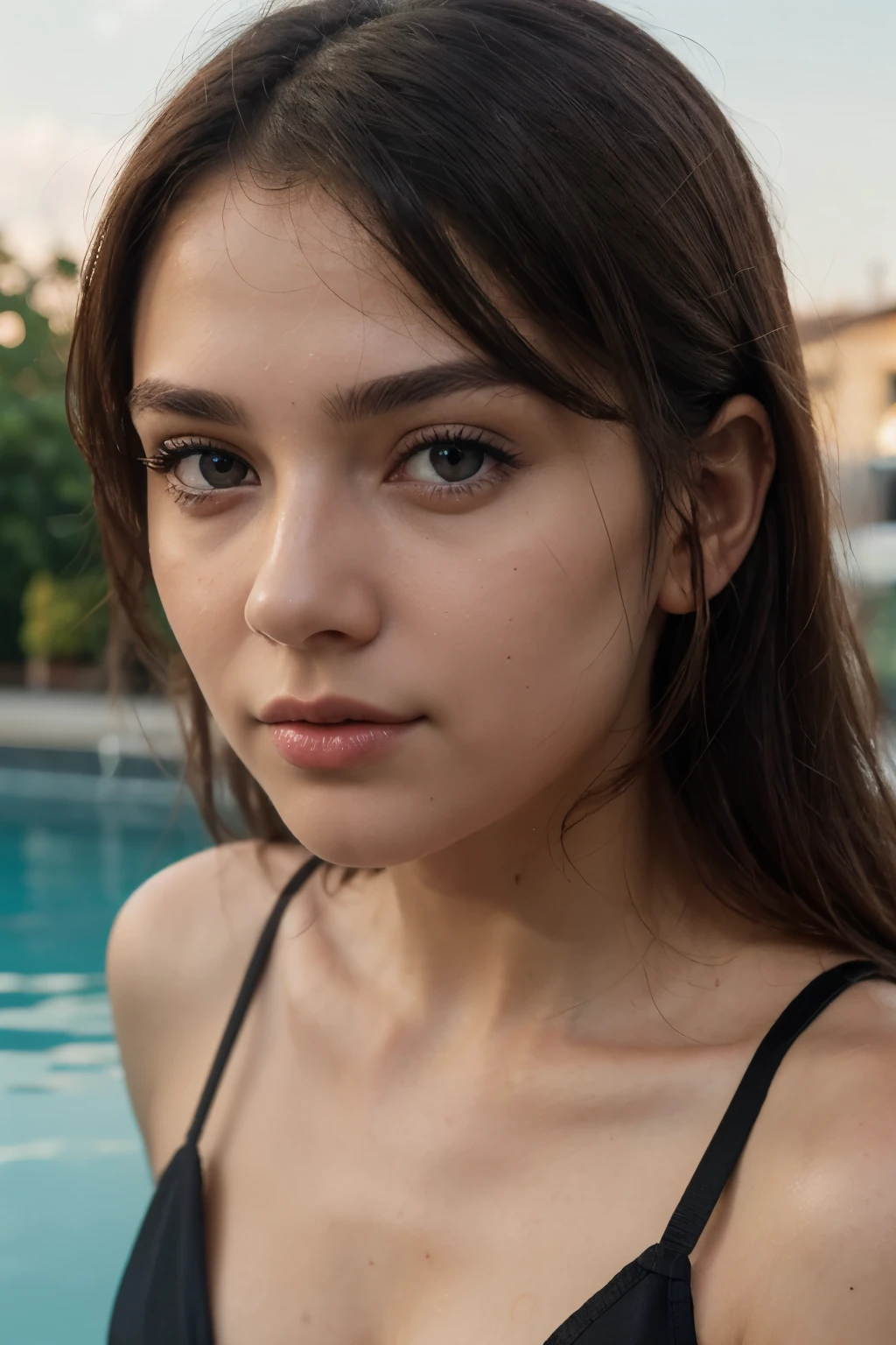 (photo from Instagram), (masterpiece), Best quality, a high resolution, super detailed, photo of a pretty Russian young woman, high, with small breasts, brown long hair, big brown eyes, big lips, thin press, small nose, natural makeup, black swimsuit, Pool, Exquisite rendering of the face and skin texture, detailed eyes, Double eyelid on top, 24 mm, 4k textures, realistic, 8k, DSLR camera