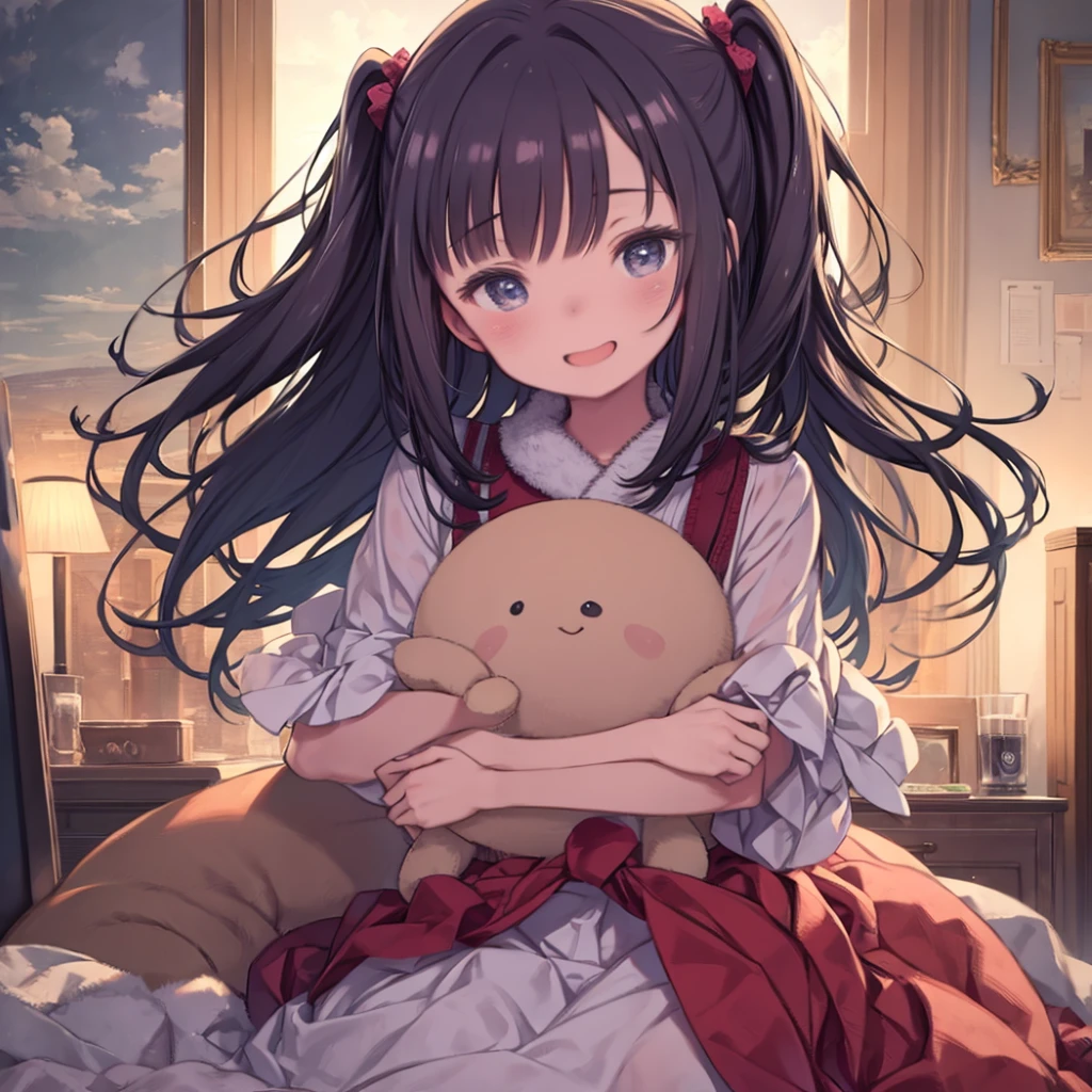 masterpiece、highest quality、High resolution、Very detailed、Medium wide shot、Girl、、With a large stuffed animal、Embrace、laughing、cute、