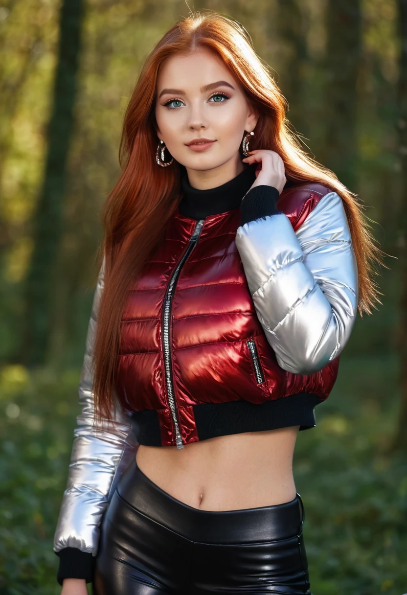 hyperrealistic beautiful busty 18-year-old women in red longsleeve croptop with shiny metallic puffer-jacket and leather leggins, model shooting full body photography, natural redhead very long straight hair, dark eye makeup with eyeliner, seductive smile, small necklace and earrings, 8K, best quality, Meisterwerk, ultra high resolution, (Realismus: 1.4), Originalfoto, (realistische Hautstruktur: 1.3), (Filmkorn: 1.3), (Selfie-Winkel), 1 girl, Beautiful round eyes and facial details, Meisterwerk, best quality