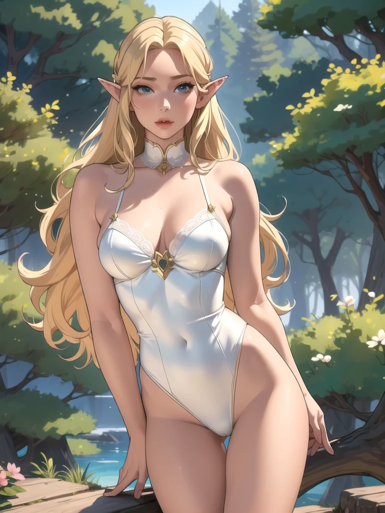 (masterpiece, best quality), 1girl, elf, mature woman, long blonde hair, silk white lingerie, village, forest, thighs