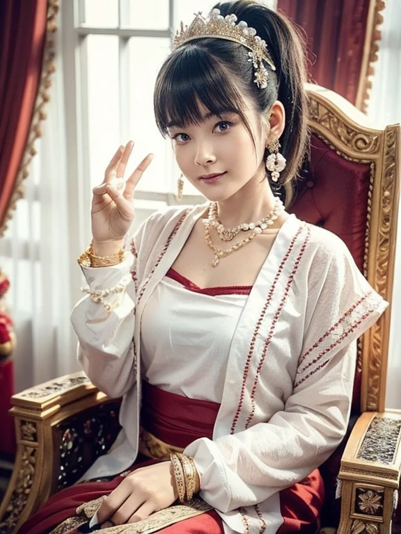 Beautiful queen wearing traditional dress with MMTD Burmese pattern,Wear a pearl necklace and a gold bracelet,Beautiful details throughout the body, Sitting in a kingly position on a long traditional golden throne in a golden palace, Myanmar traditional hairstyle,Optimal Configuration, Panorama cover photo, Centimetric lighting and ultra-realistic details, Octane Rendering, Unreal Engine, Sharp focus,32k ,UHD resolution