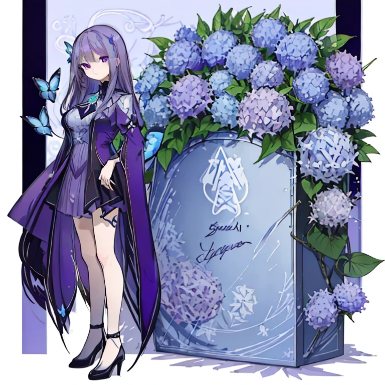 Purple Hair，Long Hair，Purple Eyes，Sharp Eyes，hydrangea，hydrangeaのドレス，blue flower，Blue Butterfly，gem，Standing posture，Look to the side，Mature，gorgeous，Fantasy，forest，