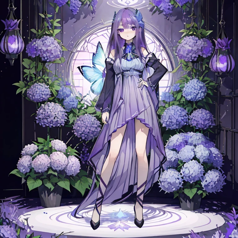 Purple Hair，Long Hair，Purple Eyes，Sharp Eyes，hydrangea，hydrangeaのドレス，blue flower，Blue Butterfly，gem，Standing posture，Look to the side，Mature，gorgeous，Fantasy，forest，