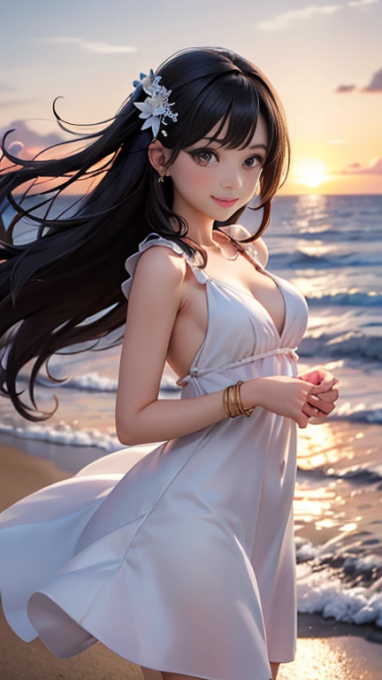 8k, masterpiece, 1 girl, Beautiful Face, Very long hair, light makeup, Fine grain, Detailed lips, Small person, (Beautifully designed dress:1.4), (Wearing Jewelry), Big Breasts、On the beach with beautiful sea, sunset, evening, Blowing Wind, Random hairstyle、hair ornaments、Looking at the camera and smiling、cute、Baby Face、Japanese、Very delicately designed clothes、Golden Eyes