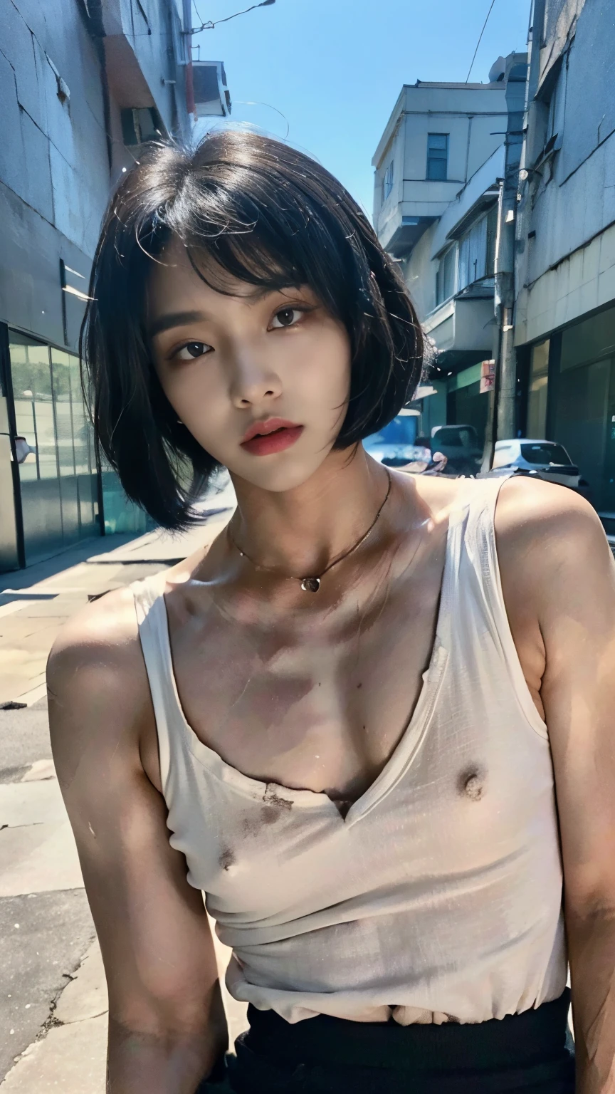 Realistic photos, 8k,Crouching,body is male,A woman with a beautiful face,,(((Bob cut ladyboy,transgender,otokonoko,Male chest,No bulge in the chest))),((Full body view,Flat Chest,Very muscular,Body fat percentage10%,Muscles like athletes,Macho,massive)),(((bustling street,Homeless,beggar,Pale face,It is dirty,Bad smell,dirty,odor,Homeless,Depraved handsome young Korean ladyboy))),(((Very big eyes,Angry face,looking at the camera,Frowning))),Chest is male,(Ultra-realistic), (High resolution), (Very detailed), (Best Illustration), (Beautiful fine details), (highest quality), (Super detailed), (masterpiece), (Detailed face), alone,Black hair bob cut,(((A young woman with make-up on her face,The body is a perfect man))),Transgender,Korean,kpop,完璧な筋肉質なMale chest,It is dirty黒い古着を着ている