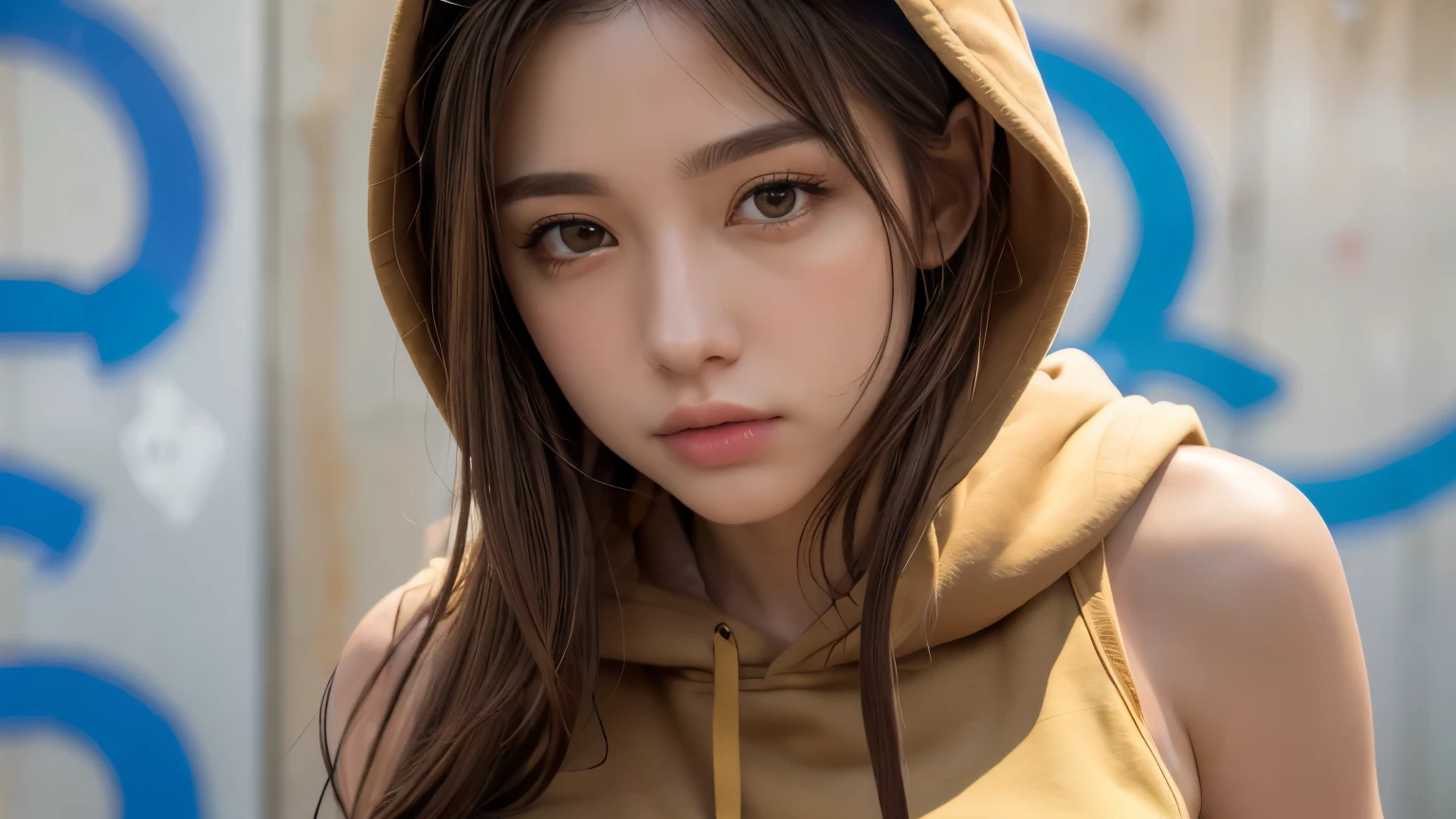 masterpiece, highest quality, Very detailed, 8k, Realistic, One Girl, alone, Tomboy, Very detailed face, (head shot:1.5), Upper Body, Standing in front of a wall covered in hip hop graffiti, Light brown long hair, He is wearing a short black tank top and an open-zipped yellow hoodie.。., Reaching into the pocket of a hoodie