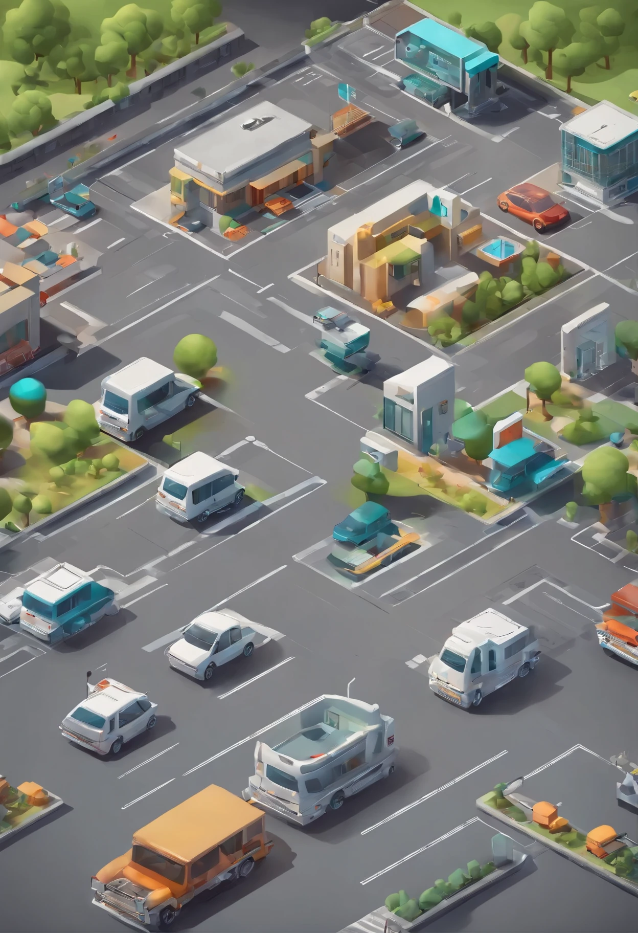 Isometric, overlooking 45 degrees, SLG game , gray background, concept art, Octane rendering, car parking lot, parking lot, cars parking, parking field, Gray field, ((parking lot))
