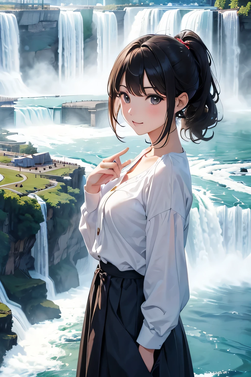 highest quality、High resolution、Detailed Background、(Beautiful face in every detail:1.4)、Anatomically correct、(Draw the usual number of fingers:1.2)、(Detailed facial expressions)、(Detailed eyes:1.2)、(Detailed eyes:1.2)、Beautiful, smooth skin、Beautiful women in their 20s、(Highly detailed face:1.4)、Cute color hair color、Black Hair、Brown Hair、Bobcut、ponytail、Wavy Hairstyle、well-groomed eyebrows、Cute Eye Makeup、Cute Lip Makeup、Perfect body line、Niagara Falls、The power of the waterfall and the beautiful rainbow created by the spray、Harmony with the surrounding natural environment、A happy look、Cowboy Shot、

(Three beautiful women enjoying sightseeing with the beautiful scenery of Niagara Falls in the background:1.5)、

From the American side「American Falls」The falls, called and, are on the Canadian side.「Horseshoe Falls」and「Bridal Veil Falls」You can see a waterfall called、In particular, Horseshoe Falls is a semicircular waterfall and its power and majesty are overwhelming.、

It is also famous for its large amount of water.、The sight of the water falling into the pool with a loud noise is overwhelming, and you can feel its power and strength.、
The waterfall&#39;s spray rises into the air and on sunny days you can see beautiful rainbows.、
Especially in the morning and evening, the angle of the light reflecting off the waterfall creates a dynamic rainbow.、
The sight of a rainbow over the waterfall is truly magical.、

Maxi skirts give an elegant and feminine impression.、
Choose a long-sleeved cardigan or pullover top、
Wear comfortable flat shoes on your feet.、

A dress is a convenient and easy item because it can be worn as a complete outfit.、
If you want to limit your exposure, choose a long-sleeved dress.