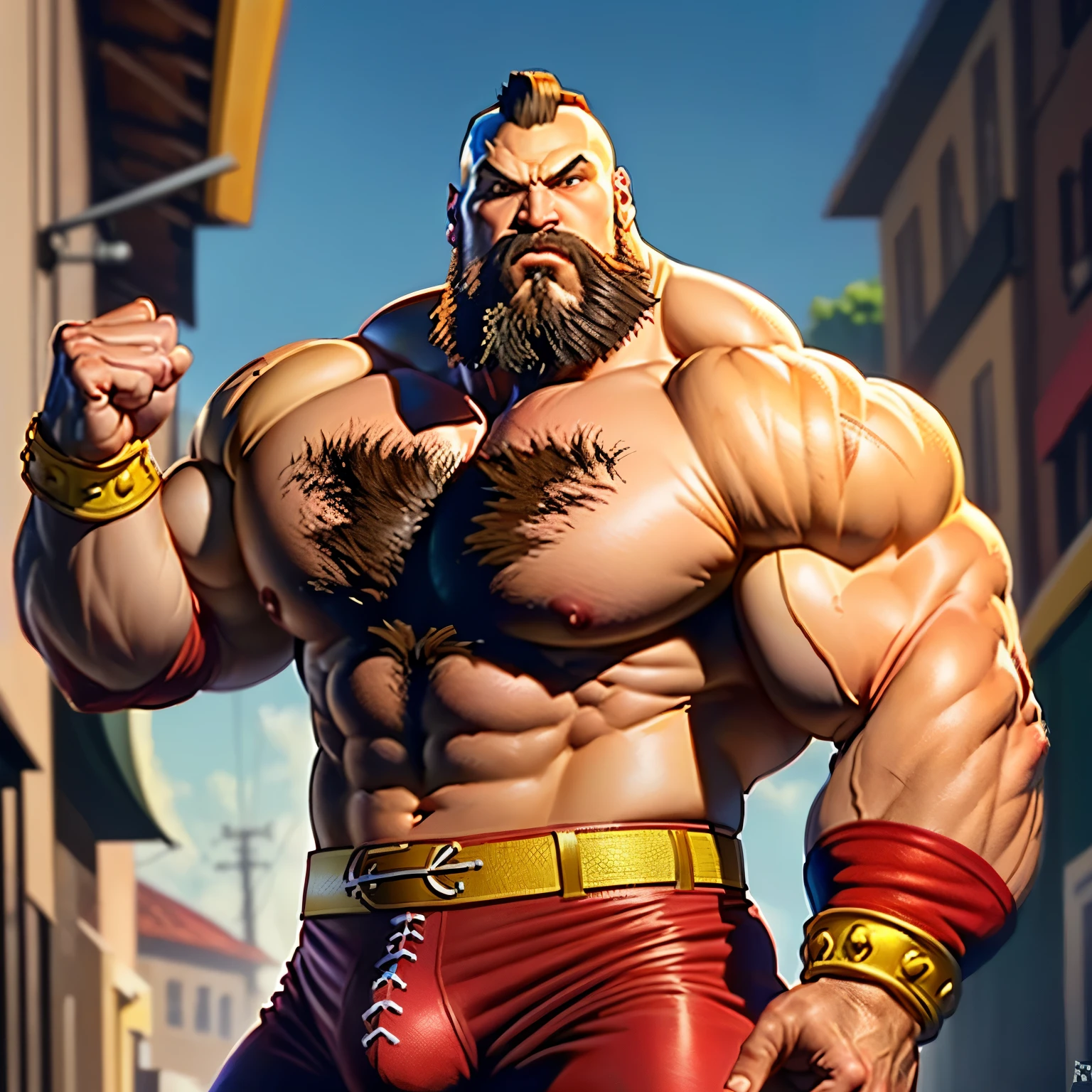 zangief,a man with a beard and a yellow belt, fighting game character, street fighter 5,muscled humanoid,heavy looking,buff man,wrestler,Red briefs,capcom,street fighter,shirtless,muscular male,chest hair,visually weighty,bearded man,mohawk hair,no wristband,best quality