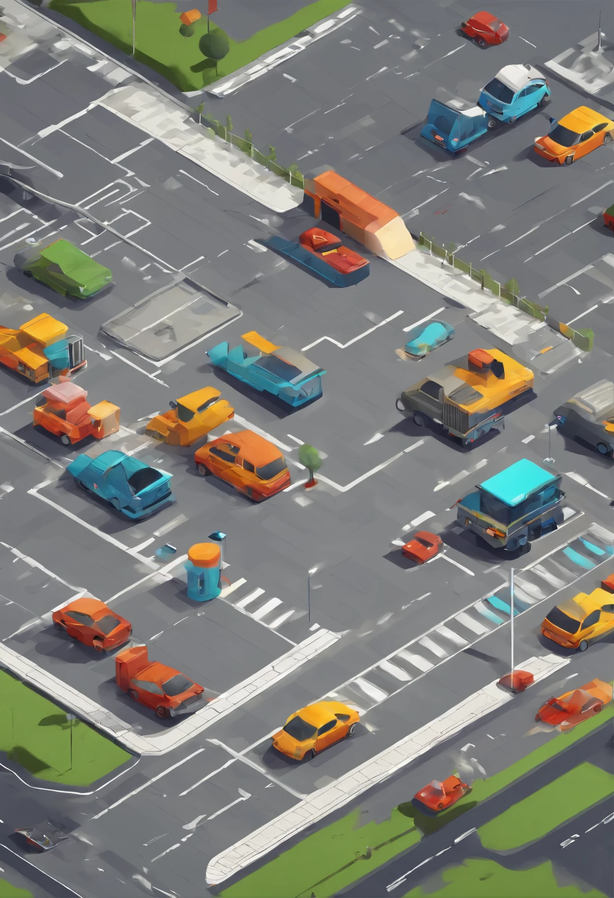 Isometric, overlooking 45 degrees, SLG game , gray background, concept art, Octane rendering, car parking lot, parking lot, cars parking, parking field, Gray field, ((parking lot))