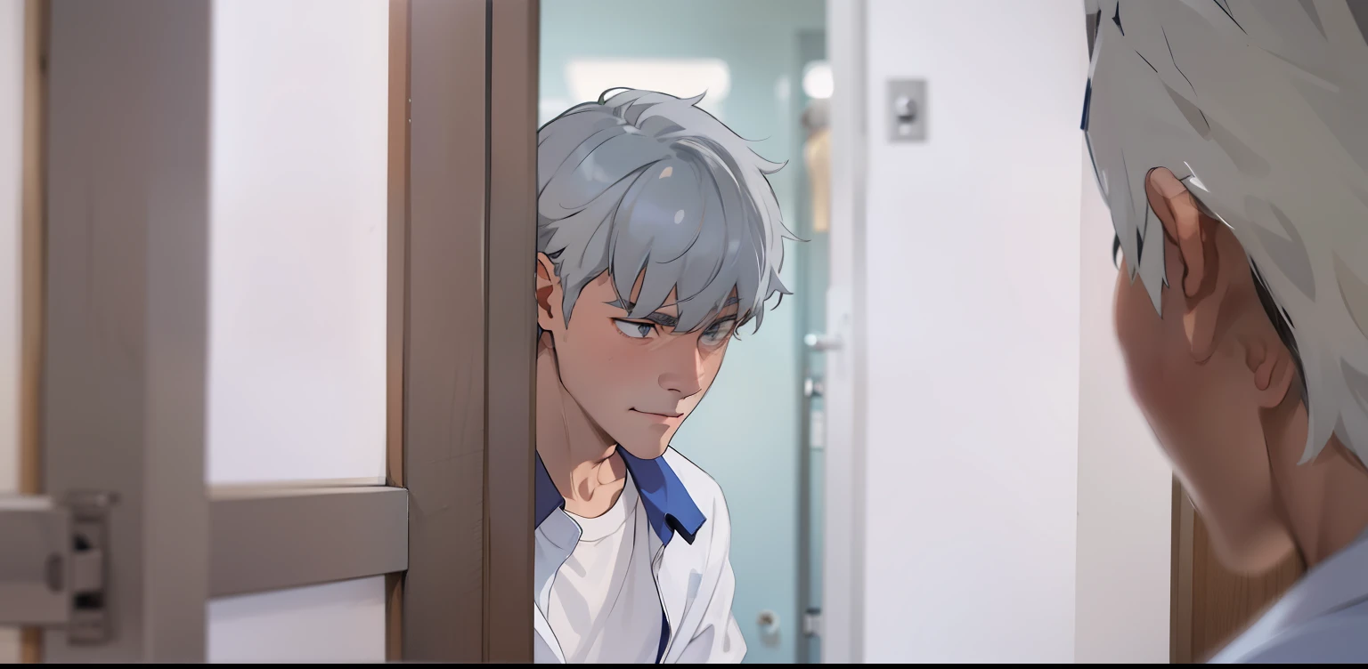 17-year-old gray-haired man standing in a high school hallway in front of a classroom door is doubtful.