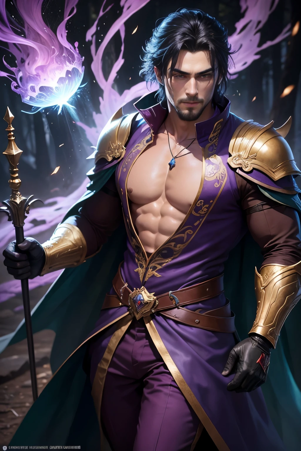 8K,Photorealsitic, Raw photography, top-quality;1.4) , (One adult male), Super handsome without a beard, (Lifelike face), long blue-black hair, Handsome prince with glowing purple eyes, Cyan and purple aristocratic exterior, Cyan and purple trousers, cyan decoration, glares, holding a staff, Wearing purple leather gloves, forests, Gwaitz style, realisitic, Precise details, unrealengine, Beautiful expression, Details of each part, A red fireball glows in the palm(effect), 超A high resolution, A hyper-realistic, attractive male, Foot Armor, real looking skin, Fantasy Emperor, Handsome man, wind magic, water magic, forest at night, stars in the sky, short hair, goatee, silk clothes