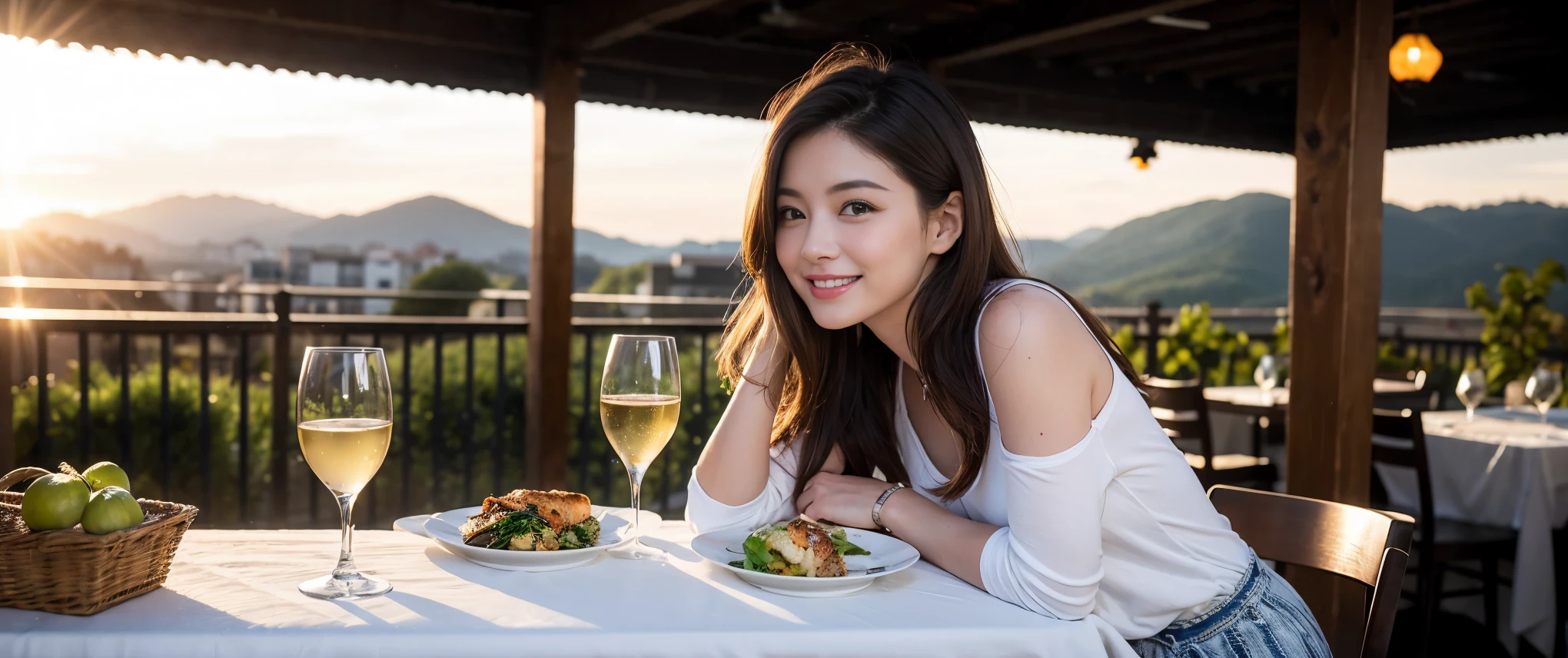 ((highest quality、8k、masterpiece:1.3))、Beautiful woman perfect body:1.4、2 women、slimなボディ、((Bob Hale、Straight hair:1.2))、 Ultra-high resolution, Bright image、2. The beauty of wine, Beautiful Face, blue eyes, Beautiful Eyes, The light shines on your face, Blushing your nose, short hair,Amazing view of the sunset sky and clouds、Amazing mountain views、ニコニコ明るいsmile、smileの素敵な女性、Bright Face、Fox face、Lady、Champagne、Wine bottle、wine glass、red wine 、Appetizers、Italian food、Two beauties、Brown Hair、Shortcuts、Long sleeve shirt、Winter Fashion、dress、Wine bottle、sparkling wine、Pretty Woman 1, (slimな顔), (Brown Hair), (Shortcuts), cheeks turn a little red, (42 years old), 39 years old, Attractive beauty、restaurant, Nova Frog Style, actress, model, Upper Body, White wine, slim, wine glass, 真ん中に置かれたwine glass, smile, (smile: 1.15), 綺麗なBeautiful Eyes, Strong light and shadow,Moist Body:1.5、Delicate eyes、Brown Hair、The hair is very shiny、