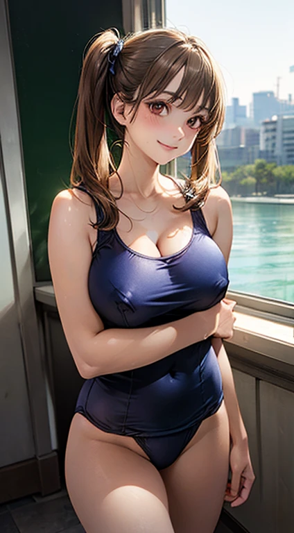 ((masterpiece:1.2, highest quality)), (Realistic, photoRealistic:1.4), Beautiful illustrations, (Natural Side Lighting, Cinema Lighting),
View your viewers, Cowboy Shot, Beautiful brown eyes,Front view:0.6, 1 girl, Japanese, high School girl, Perfect Face, Cute and symmetrical face, Shiny skin,
(Long Hair:1.8, Twin tails:1.7, Twin Blade, Blonde), Hairline, Asymmetrical bangs, Red eyes, Long eyelashes, (Quite large breasts:1.3, Thick thighs), (Swimsuit that emphasizes cleavage),(Swimsuits that show nipple bulges),
Beautiful Hair, Beautiful Face, Beautiful fine details, Beautiful clavicle, Beautiful body, Beautiful breasts, Beautiful thighs, Beautiful feet, Beautiful fingers,
((light blue school swimsuit)),
(Beautiful views), evening, School, classroom, curtain, walking, Place your hand on your chest, (Cute smile, Upward glance),