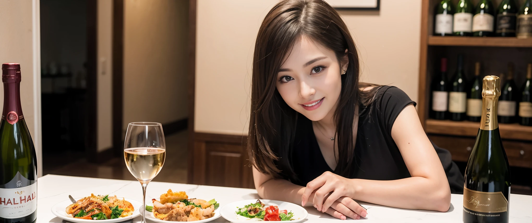 ((highest quality、8k、masterpiece:1.3))、Beautiful woman perfect body:1.4、2 women、slimなボディ、((Bob Hale、Straight hair:1.2))、 Ultra-high resolution, Bright image、2. The beauty of wine, Beautiful Face, blue eyes, Beautiful Eyes, The light shines on your face, Blushing your nose, short hair,Amazing view of the sunset sky and clouds、Amazing mountain views、ニコニコ明るいsmile、smileの素敵な女性、Bright Face、Fox face、Lady、Champagne、Wine bottle、wine glass、red wine 、Appetizers、Italian food、Two beauties、Brown Hair、Shortcuts、Long sleeve shirt、Winter Fashion、dress、Wine bottle、sparkling wine、Pretty Woman 1, (slimな顔), (Brown Hair), (Shortcuts), cheeks turn a little red, (42 years old), 39 years old, Attractive beauty、restaurant, Nova Frog Style, actress, model, Upper Body, White wine, slim, wine glass, 真ん中に置かれたwine glass, smile, (smile: 1.15), 綺麗なBeautiful Eyes, Strong light and shadow,Moist Body:1.5、Delicate eyes、Brown Hair、The hair is very shiny、