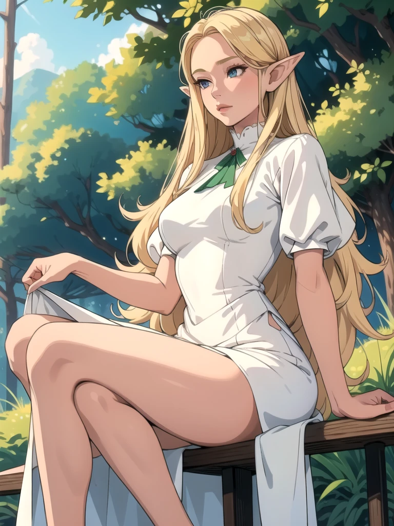(masterpiece, best quality), 1girl, elf, mature woman, long blonde hair, silk white dress, village, forest, thighs