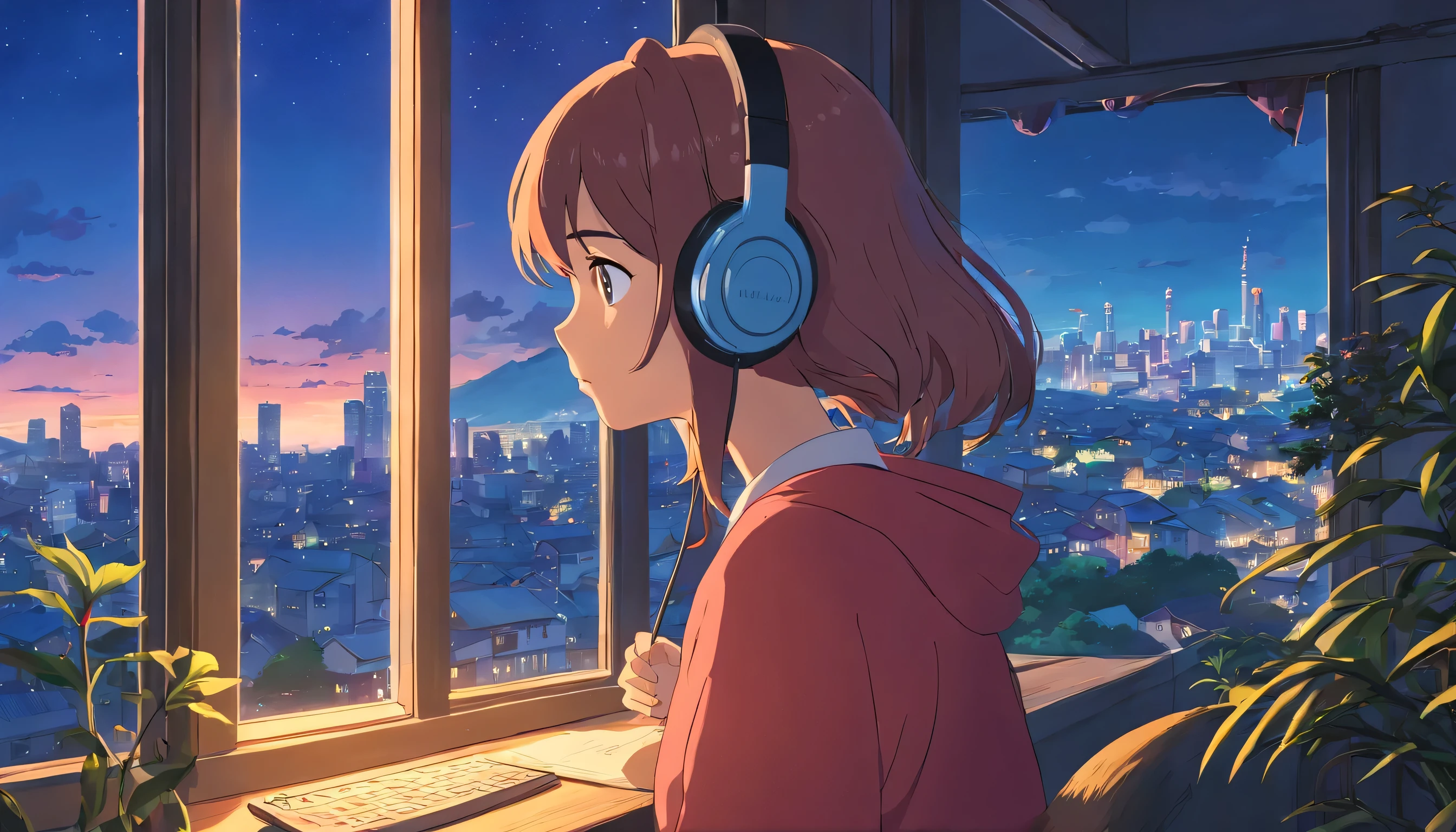 Anime girl wearing headphones looking out the window at the city, LOFI Girl, Anime atmosphere, Lofi Artstyle, Anime Style 4k, Anime Aesthetics, Nightcore, Lo-fi feeling, Lofi Art, anime art wallpaper 4k, anime art wallpaper 4k, anime wallpaper 4k, anime wallpaper 4k, Lo-fi vibe