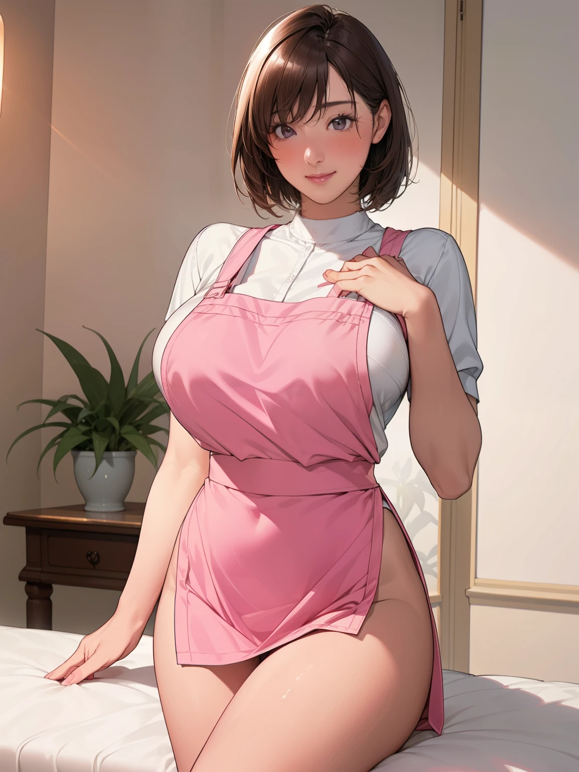 最high quality, Pieces fly, high resolutiupon, blush, (Captivating smile: 0.8), upon_body, Tyndall effect, reality, Shadow Room, Light Edge, two tupone lighting, (Skin with attention to detail: 1.2), 8k UHD, Single-lens reflex camera, Soft Light, high quality, Volumetric lighting, Candid photos, high resolutiupon, In 4K, 8k, Background Blur, real persupon, White wall, Grey table, plant, window, Masterpiece of sexy pose))), ((最high quality)), ((Complex)), ((Surreal)), Stupid reply, Mature Woman, Mature Woman, perspective, Very detailed, shape, 1 girl, ((Big Breasts)), Perfect hands, Finger details, Beautiful and beautiful eyes, short hair, Brown eyes、Tight Skirt, Detailed Background, Bedroom, Perfect Eyes, Captivating eyes, Looking at the audience, From below、Pink Apron