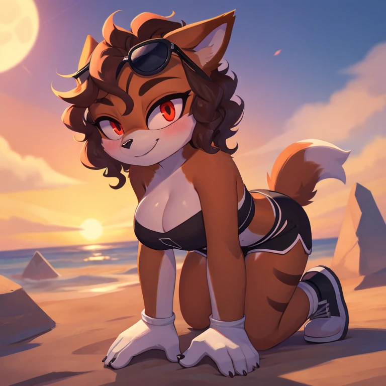 mobian, hedgehog, two-tone fur ((orange fur, brown fur)), pyjama elastic shorts, strapless crop top, cleavage, high-top sneakers, two-tone hair (brown hair, black tip)), curly hair, halo, sunglasses, jewelry, red eyes, longeyelashes, red eyes, smile, shy, blush, high detail, masterpiece, UHD, anatomically correct, super detail, highres, 4K