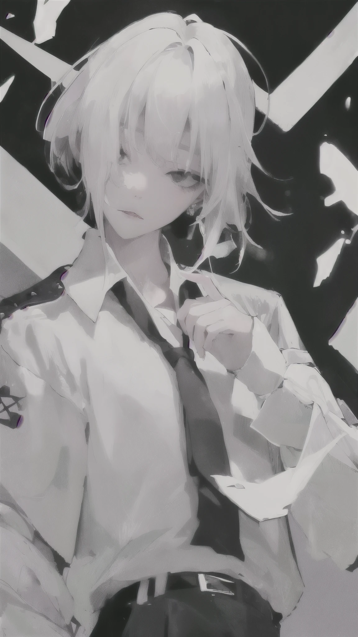 White-haired guy., White shirt inside, black suit outside, Wear a cross necklace, Tie a tie, Make a face., White blood stuck to the mouth,