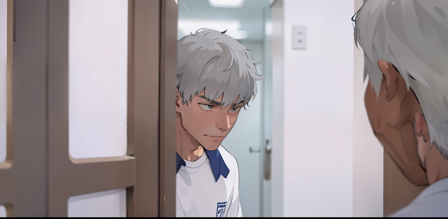 -yeld grhaired man standing in a high school hallway in front of a classroom door is doubtful.
